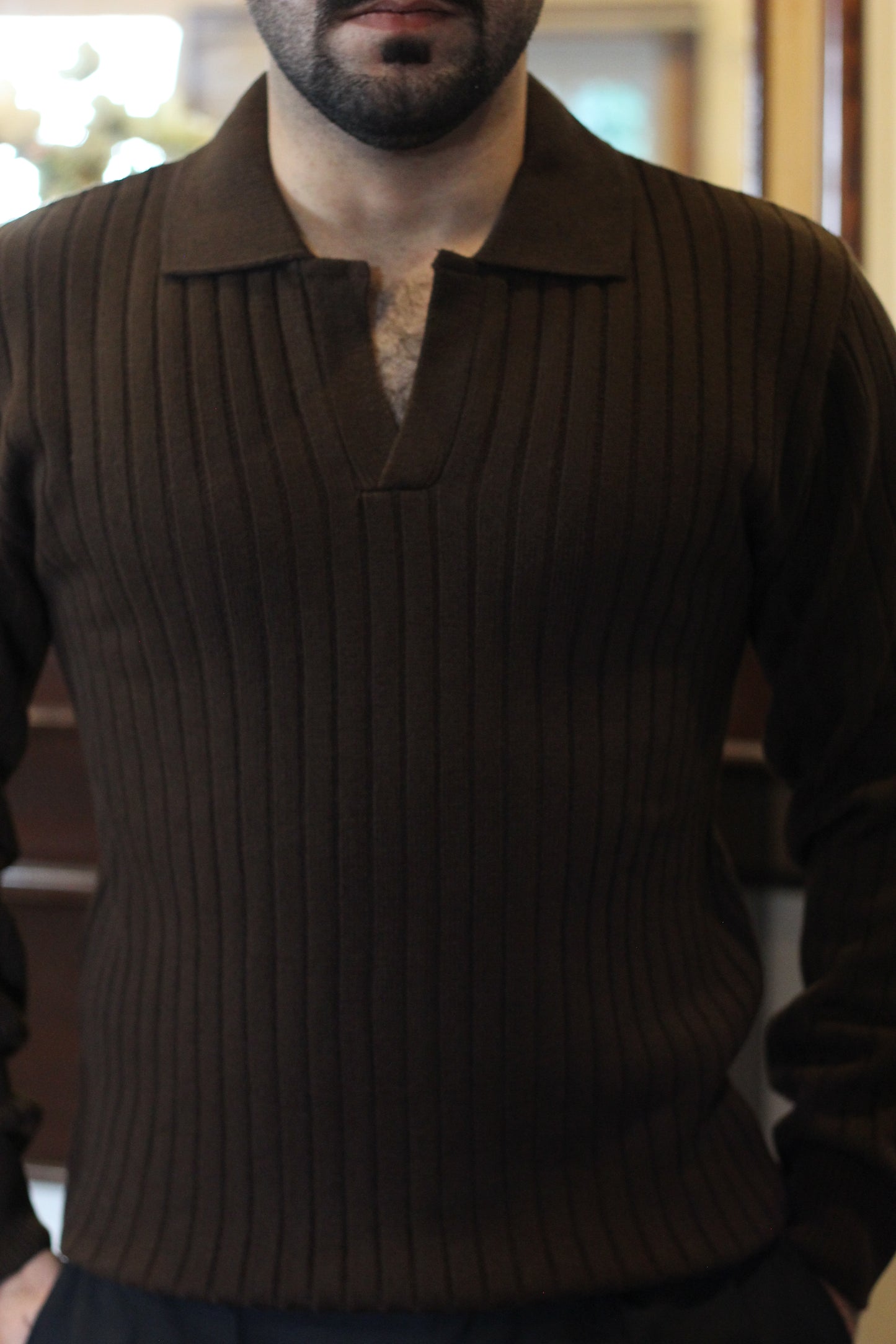 Textured Dark Brown Collar Sweater