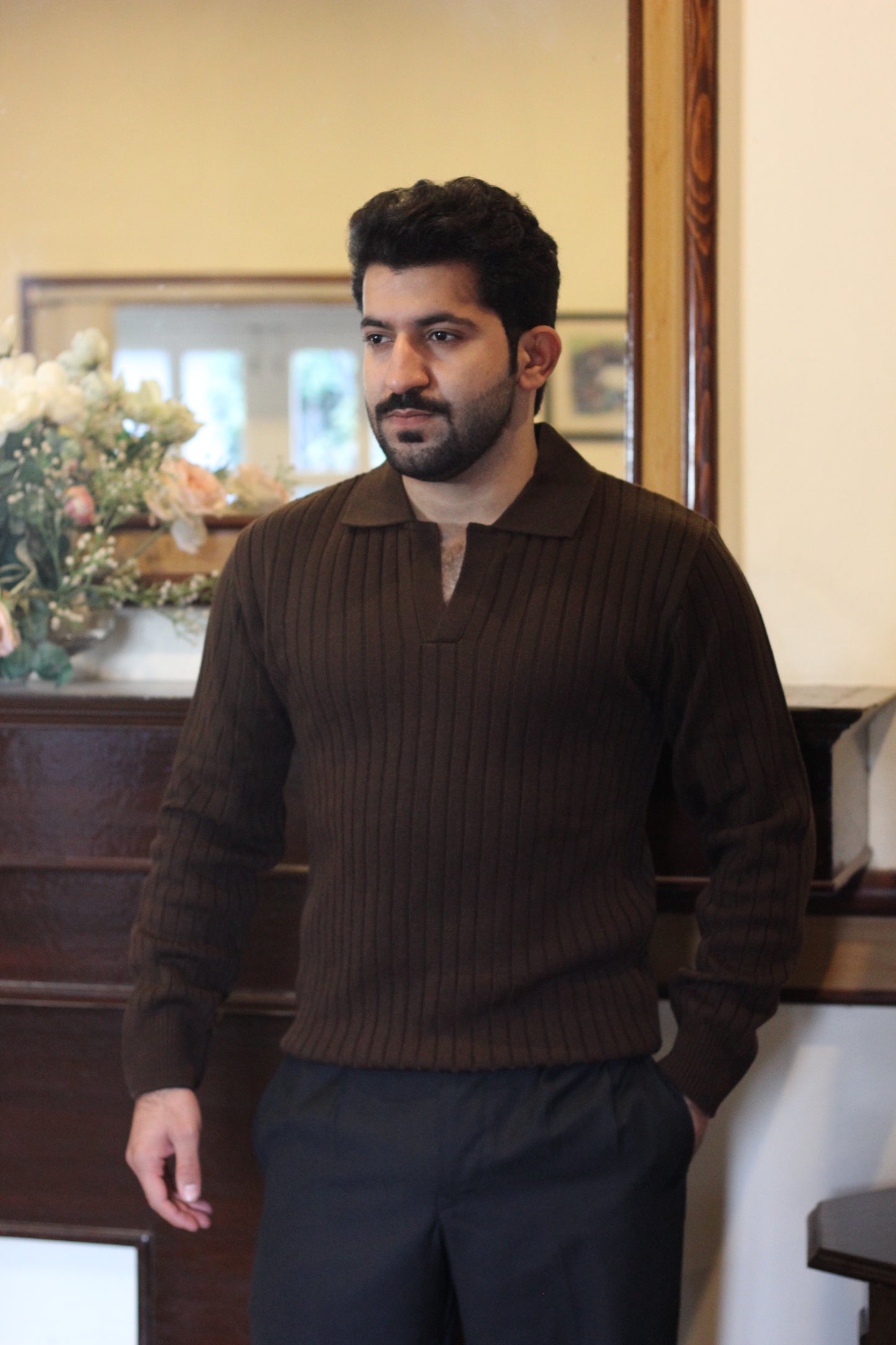 Textured Dark Brown Collar Sweater