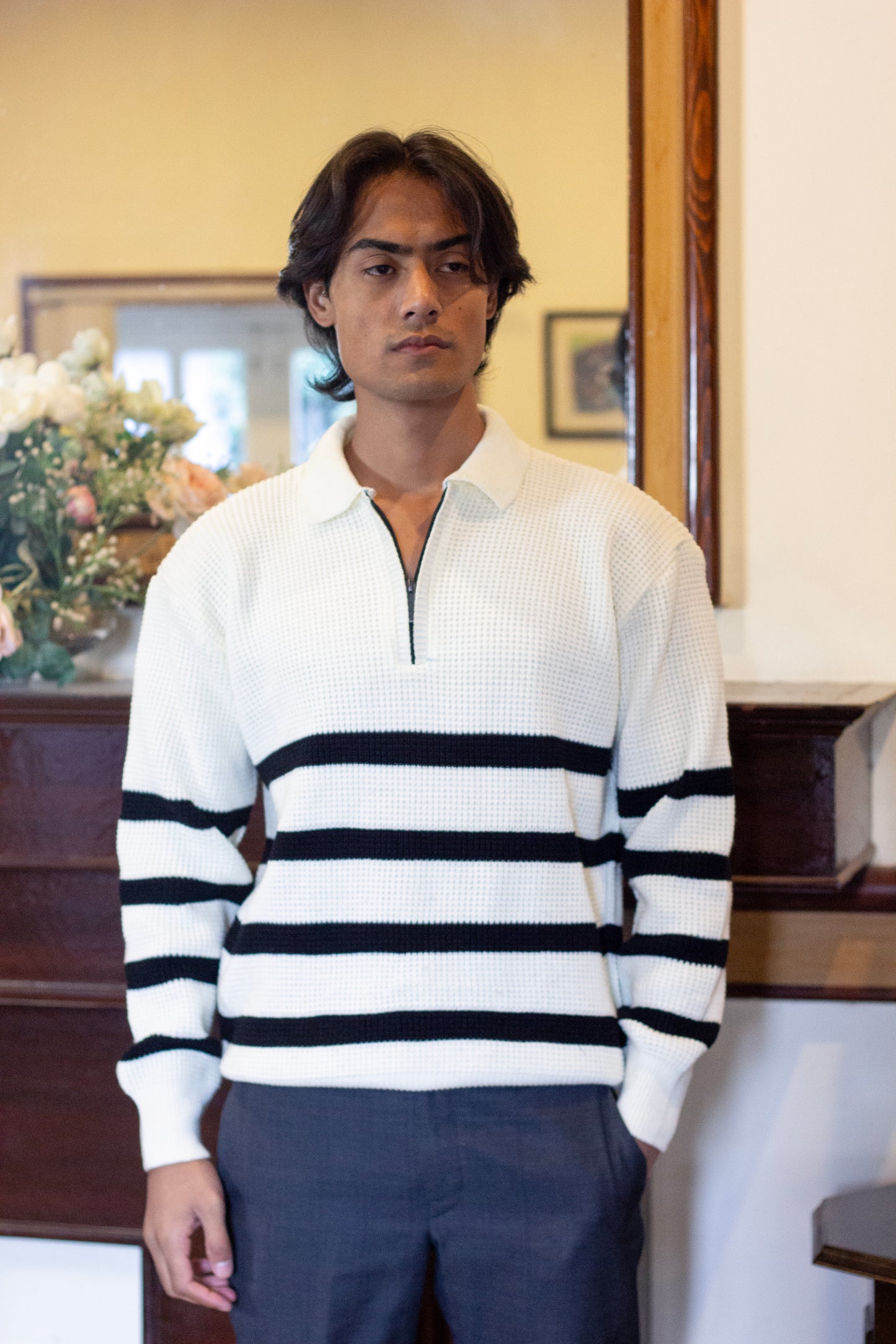 Striped Quarter Zipper White