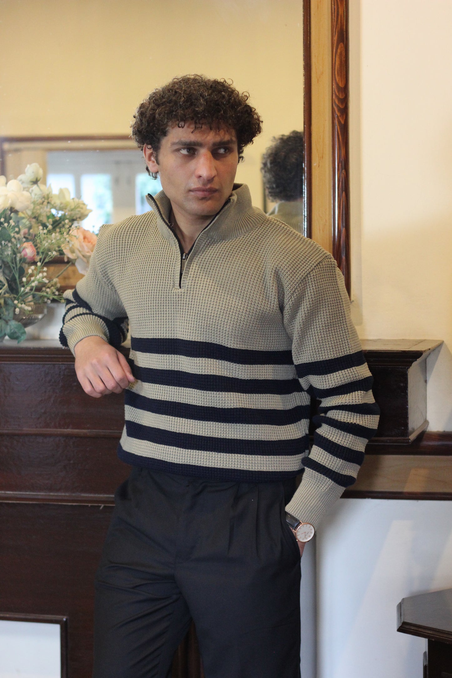 Striped Quarter Zipper Olive