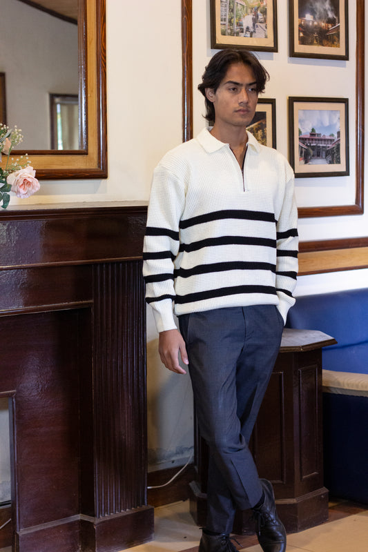 Striped Quarter Zipper White