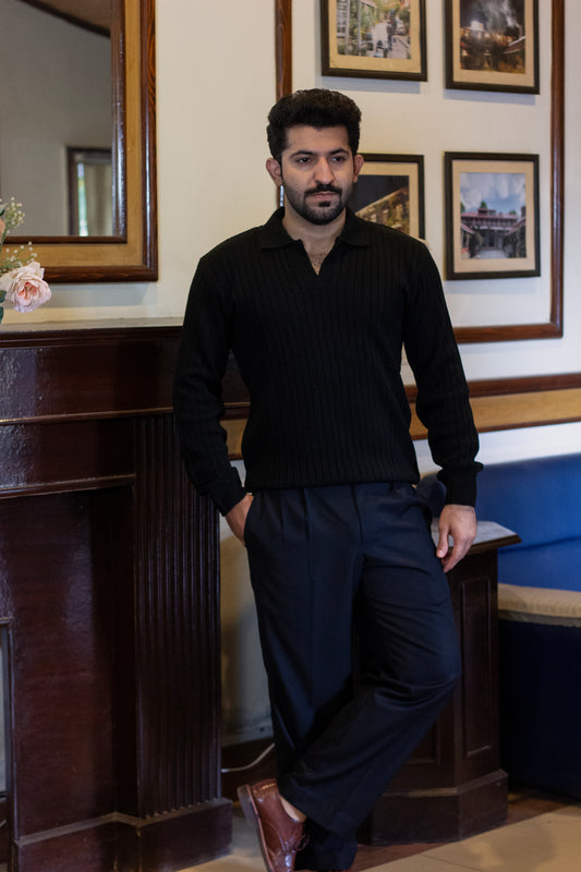 Textured Black Collar Sweater