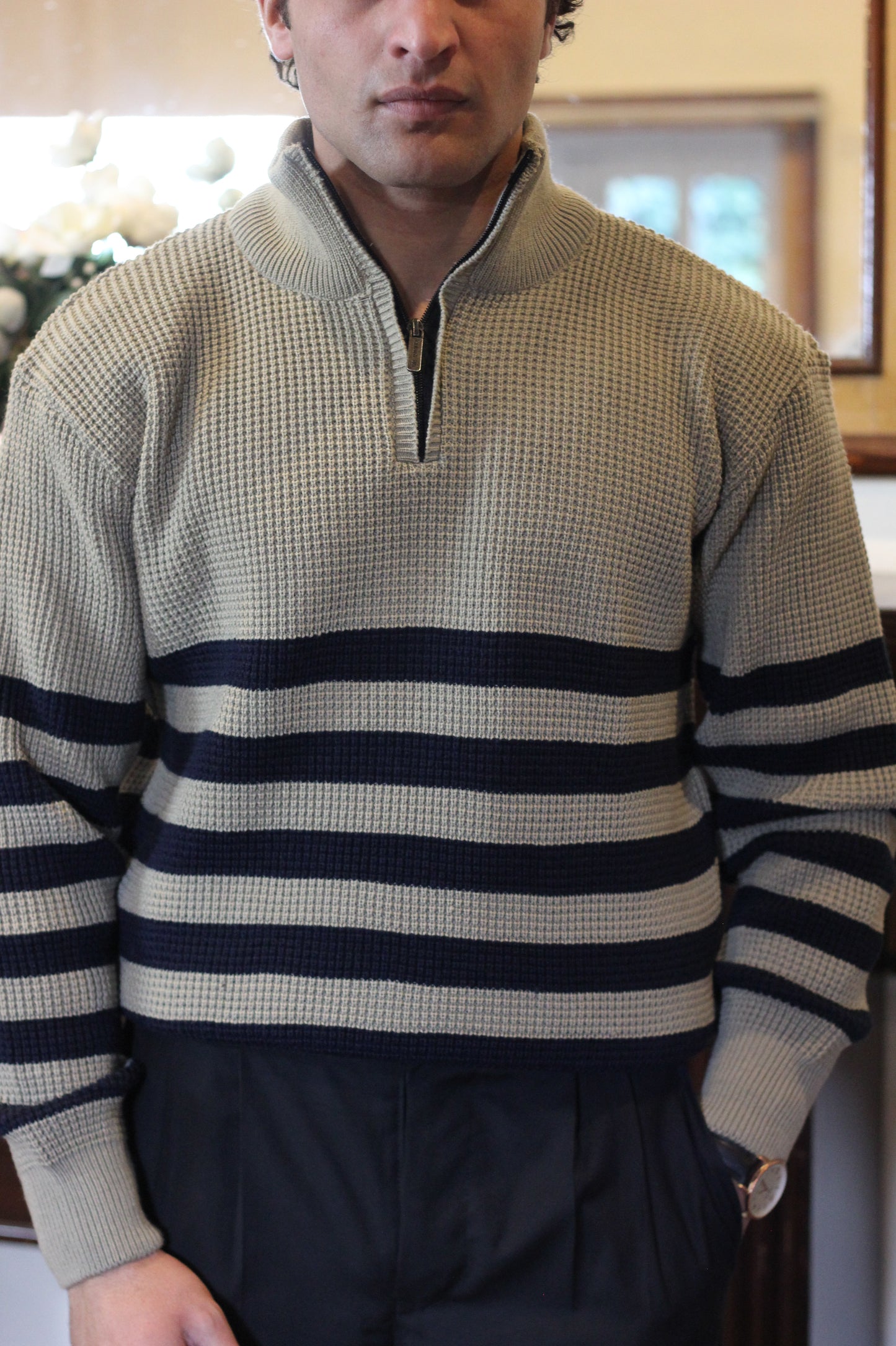 Striped Quarter Zipper Olive